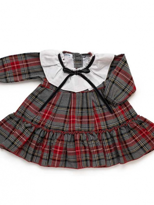 Vestido infantil de manga larga con estampado tartán y cuello blanco