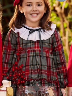 Vestido infantil de manga larga con estampado tartán y cuello blanco
