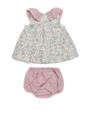 Conjunto Bebé Floral con Cuello Volante Rosa y Braguita