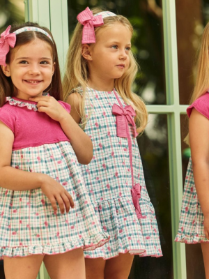 Vestido Infantil Juliana Cuadros y Flores con Lazo Rosa
