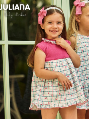 Vestido Infantil Juliana Cuadros y Flores con Lazo Rosa