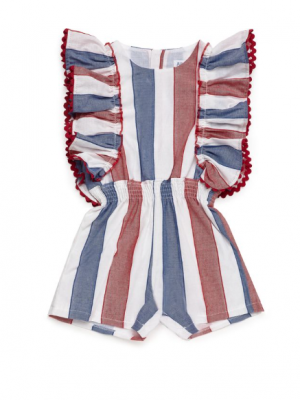 Mono Infantil de Rayas con Volantes y Detalles en Rojo