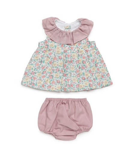 Conjunto Bebé Floral con Cuello Volante Rosa y Braguita - Imagen 3