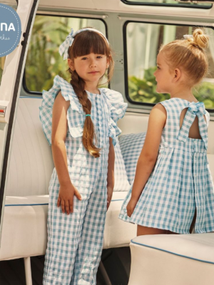 Mono Infantil de Cuadros Vichy Verde con Volantes y Corte Cómodo