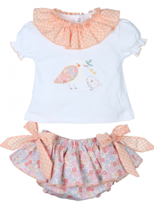 Conjunto bebé niña con falda floral y blusa cuello vichy naranja
