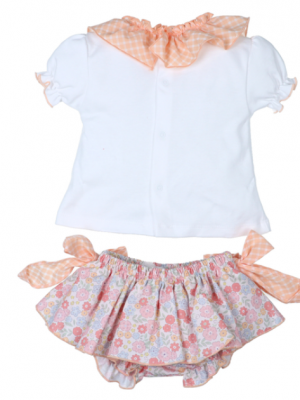 Conjunto bebé niña con falda floral y blusa cuello vichy naranja
