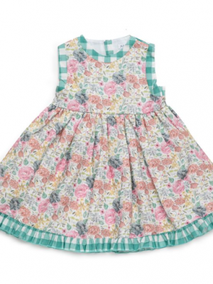 Vestido infantil floral con detalles vichy verde y falda fruncida