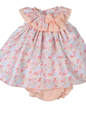 Vestido bebé estampado floral con lazo y braguita a juego