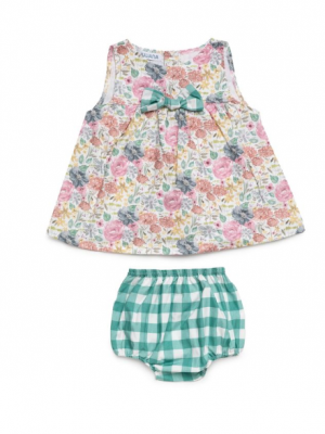 Jesusito floral para bebé con lazo verde y detalle vichy