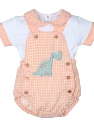 Conjunto bebé niño peto vichy naranja con camiseta y dinosaurio