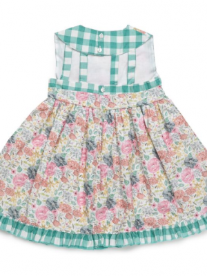 Vestido infantil floral con detalles vichy verde y falda fruncida