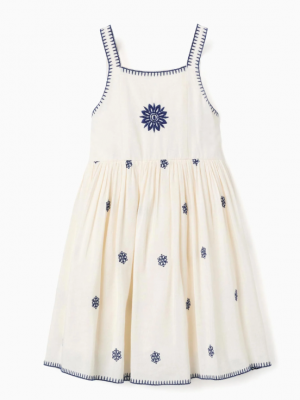 Vestido sin mangas de algodón y lino con flores para niña